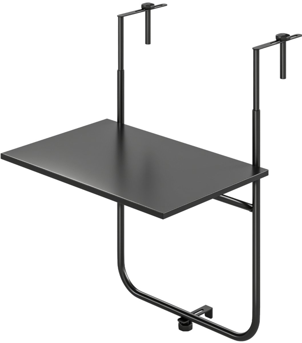 Hangtafel voor balkon 62x60x85,5cm zwart verstelbare arm 6-15cm 3 standen stalen frame weerbestendig voor reling buiten