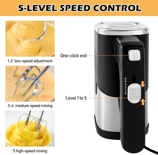 Handmixer - Wit - 800 W - Elektrische Mixer met 5 Snelheden en Accessoires - Voor Bakken en Slagroom Mengen — afbeelding 4