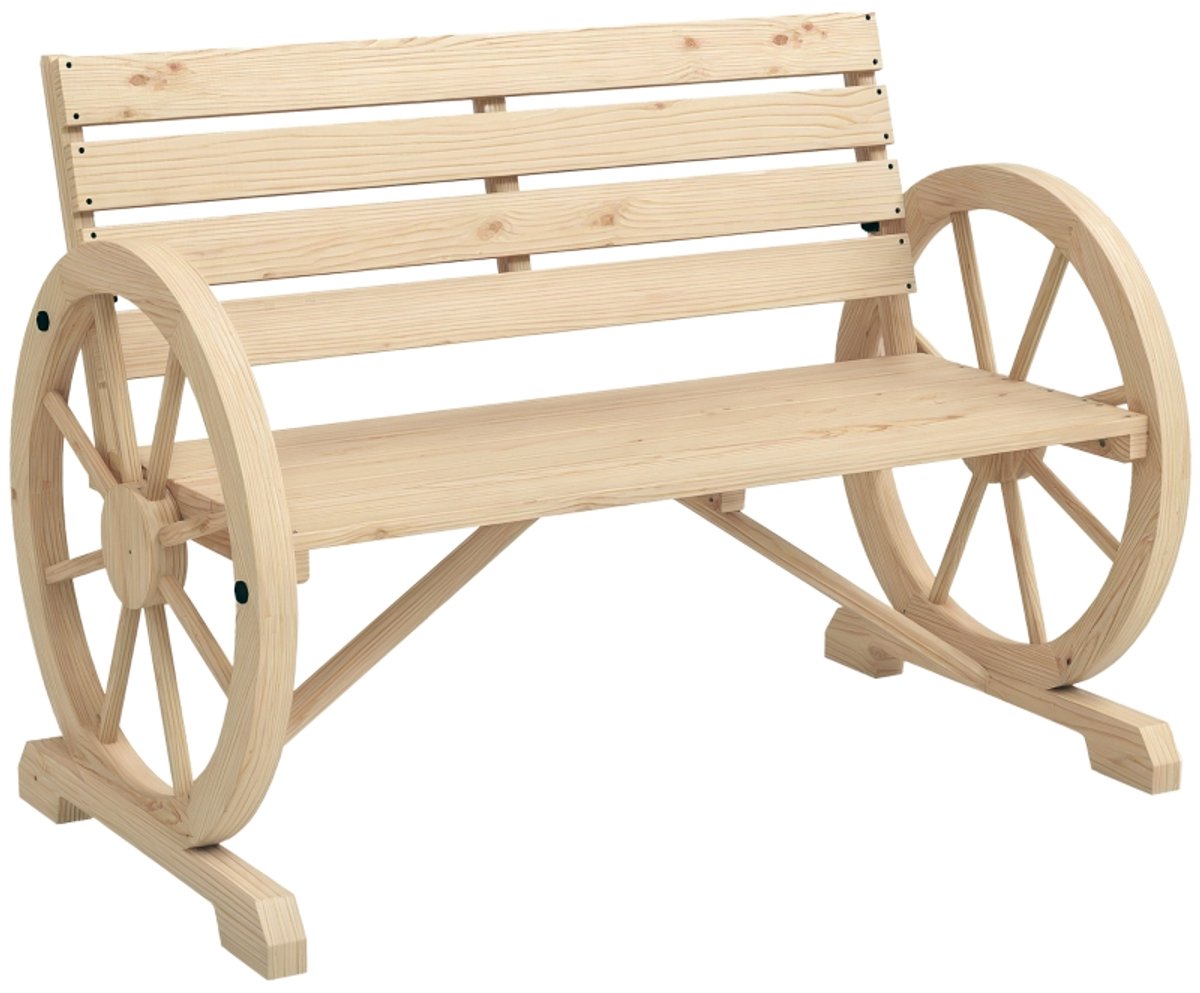 Tuinbank 2-zits 105,5x56x79cm Natuurlijke Houtkleur Wagenwiel Armleuningen Hoge Rugleuning Lamellenzitting 250kg Draagkracht voor Tuin Terras Balkon