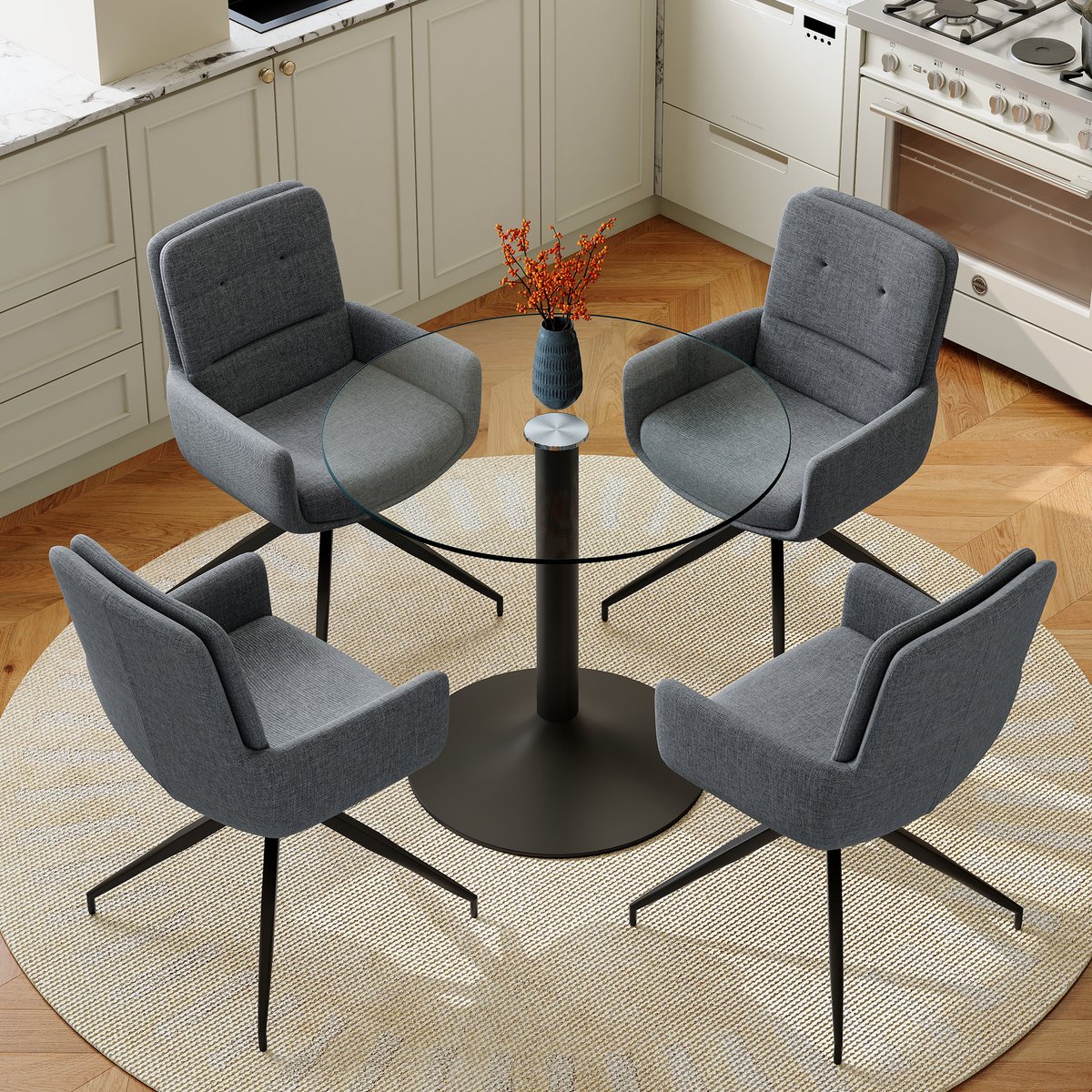 Wishdor Ronde eettafelset - 4 draaibare eetstoelen - Gehard glas - Zwarte metalen basis - Modern - Donkergrijs - 85 cm