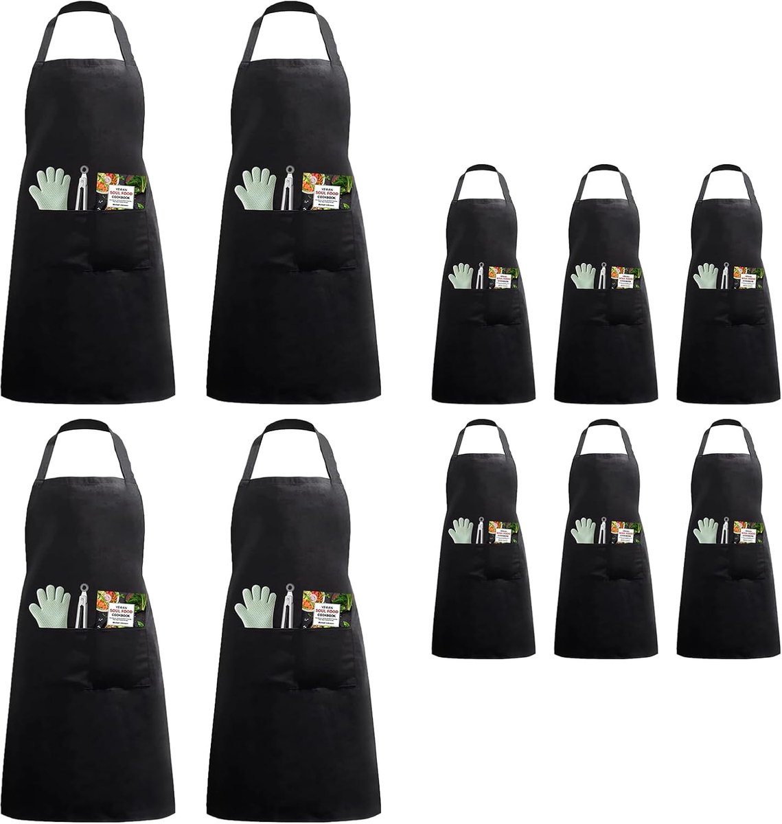 FungLam 10 keukenschorten met 2 zakken, 70 x 80 cm, zwart, uniseks, voor koken, restaurant, barbecue, gebak, kok - ShopVlot