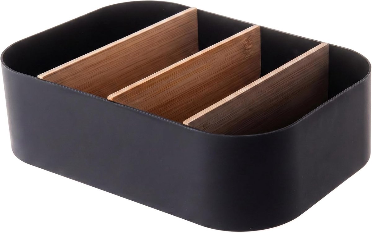Plastic doos, 4 cellen opbergdoos interval met bamboe 23,7 x 16,5 x 8,2 cm (zwart) - ShopVlot