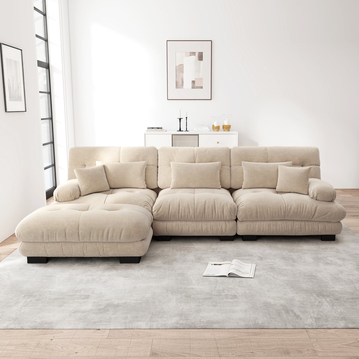 MODENUIT Hoekbank 313 x 145 x 81 cm - Modulair L-Vormig Met Ottoman - Voor Woonkamer - Chenille - Light Coffee
