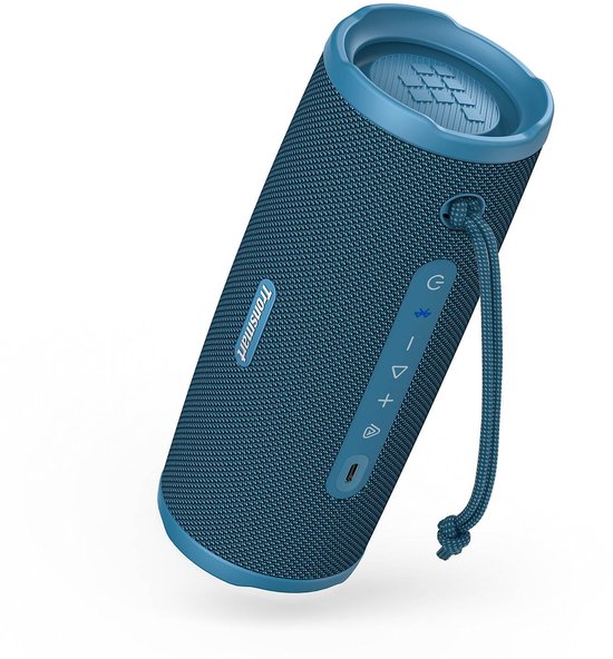 Blauwe Tronsmart speaker met koord, bedieningsknoppen en USB-C poort, op witte achtergrond.