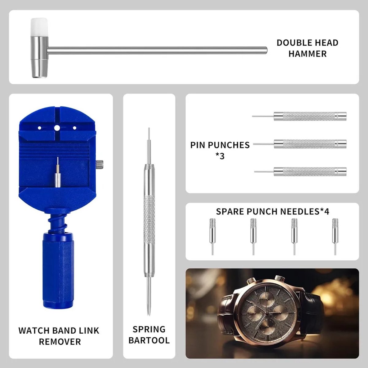 12-in-1 horlogebandjesgereedschapset, horlogereparatietas, horlogebandjespenverwijderaar, horlogekastopener, horlogebandjesgereedschap, demontage- en reparatiegereedschap Geschikt voor horlogebandjes.
