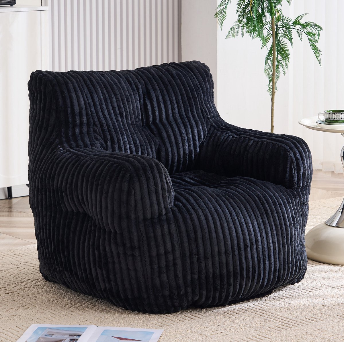 DESMIU Zitzakstoel - 100 X 94 X 70 Cm - Met Rugleuning En Armleuningen - Voor Woonkamer En Slaapkamer - Ribstof - Zwart