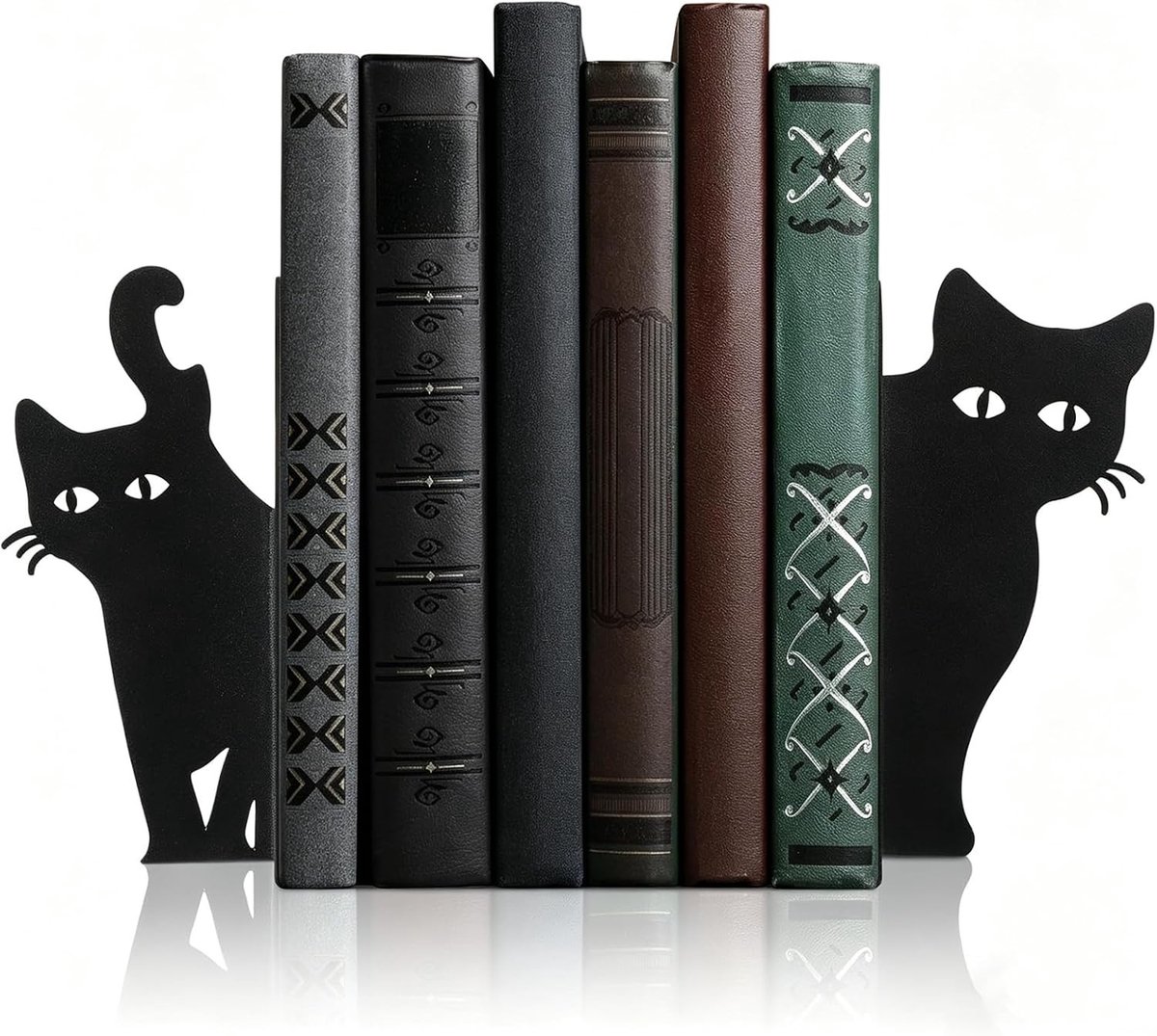 Stabiele metalen boeksteunen met kattenontwerp, 2 stuks voor boekenplank, kantoor en thuis, zwart
