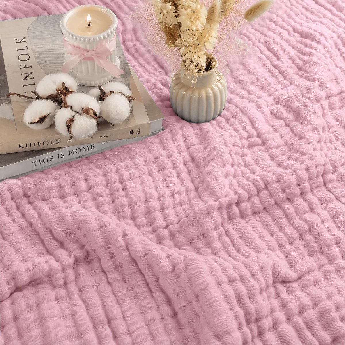 Zachte Muslin Dekentje 150 x 200 cm, 100% Katoen, 6 Lagen, Ademend en Lichtgewicht, Ideaal voor Bed en Bank, Het Hele Jaar Door (Roze)
