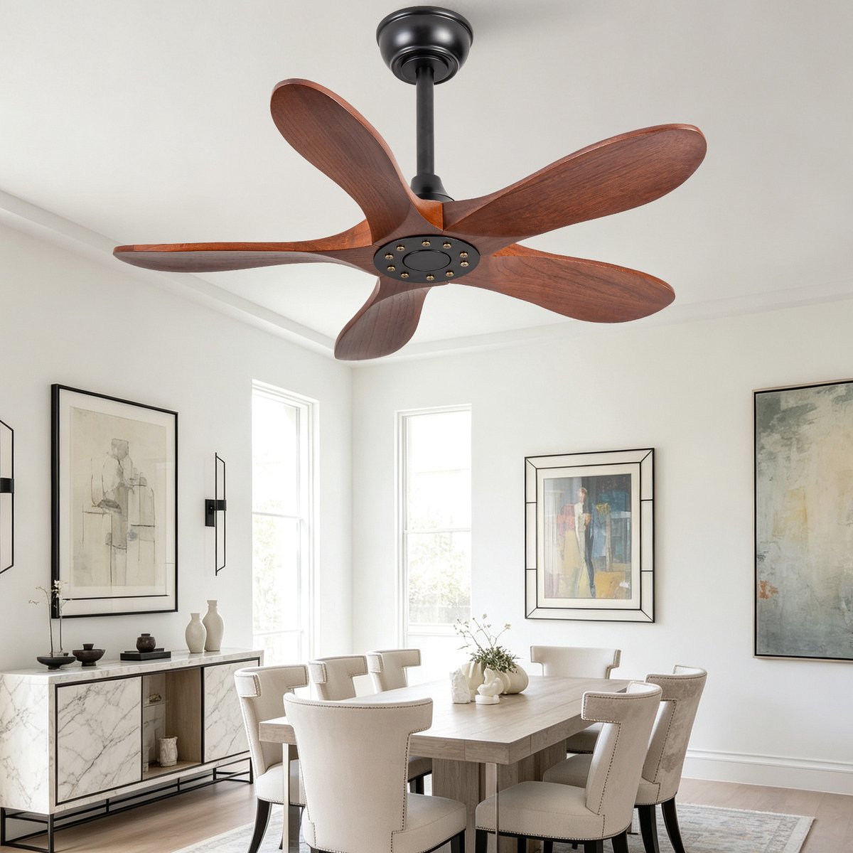 Plafondventilator 36 inch zonder verlichting - zes-snelheden omkeerbare ventilator - antidiefstalmodus - geheugenfunctie voor snelheid - vijf massief houten bladen - ideaal voor kleine appartementen, serres en patio's – foto 5