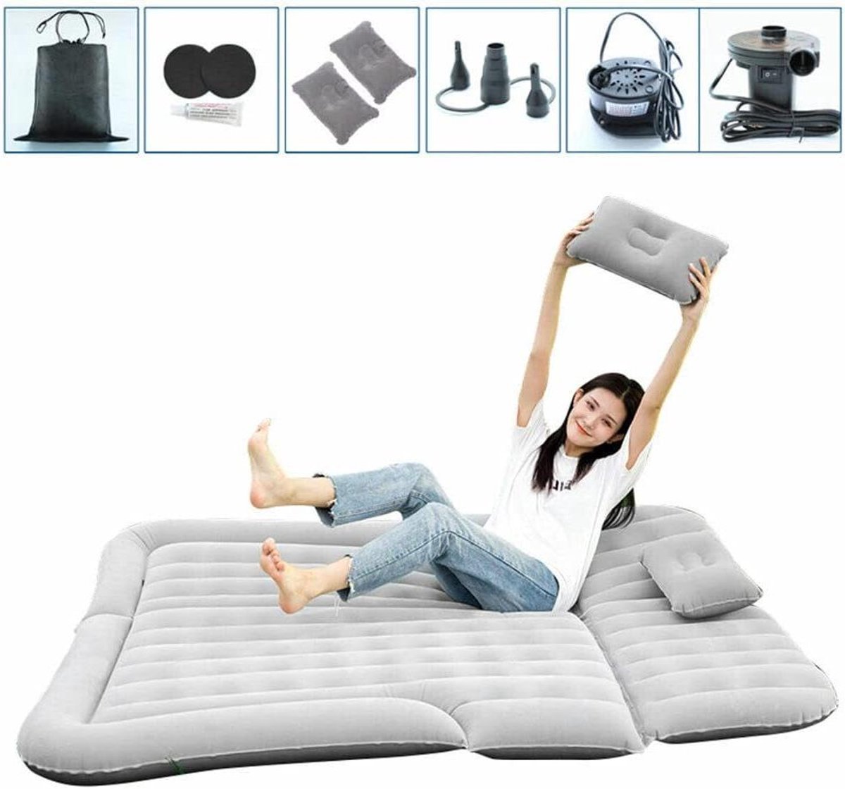 Automatras Opvouwbaar - Luchtbed Auto - Comfortabel Reizen - Snel Opblazen - 175 x 130 cm - Beige