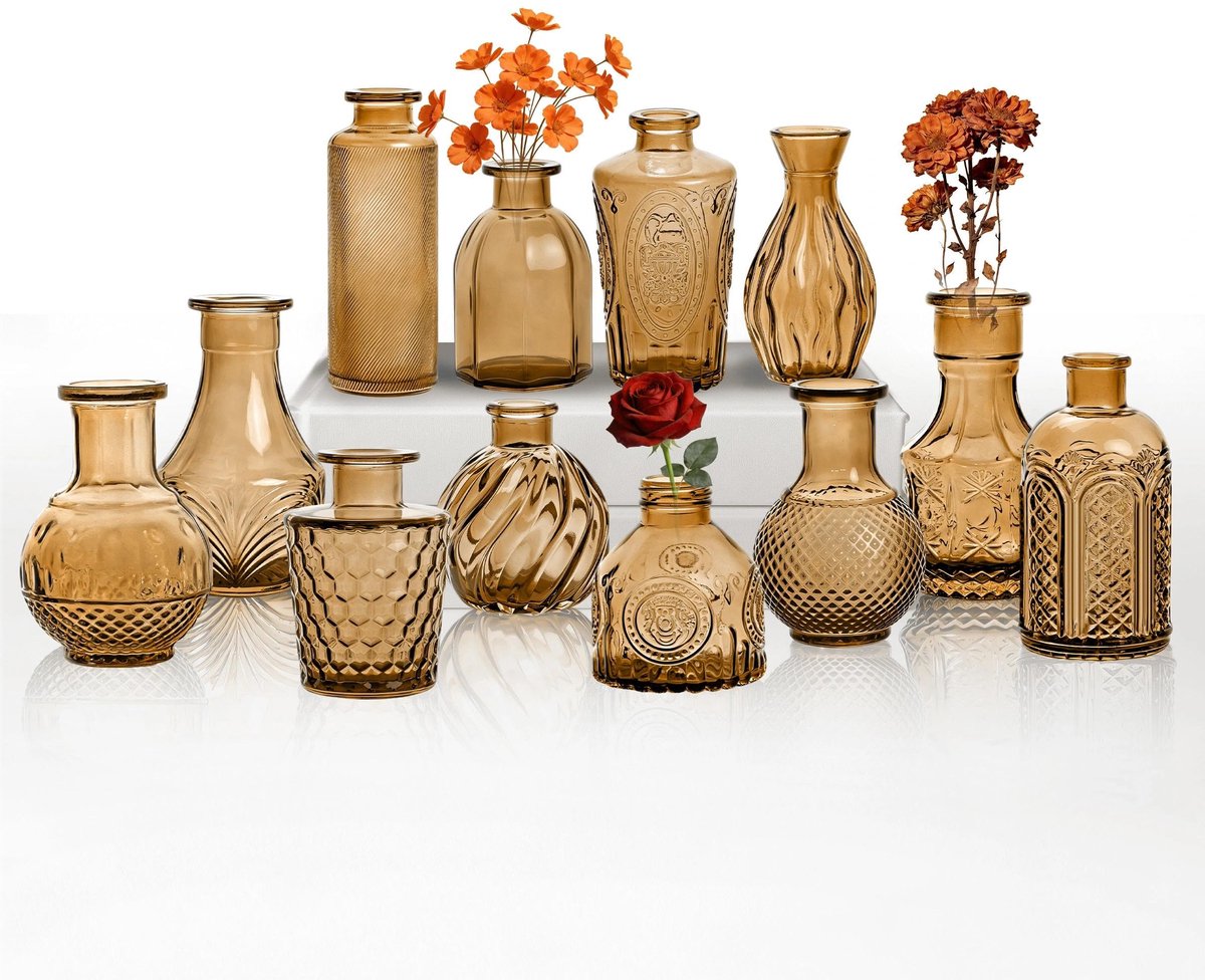 Knopvaas set 12 stuks - amber glas - vintage stijl met structuurpatroon - perfect voor bloemen - ShopVlot