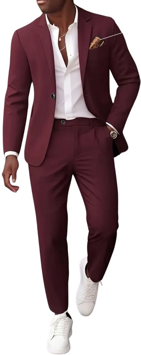 Currero 3 Delig Herenpak Met Overhemd - Suit 2 Delig - Tailored Fit Kostuum - Business Pak - Trouwpak - Smoking - Tuxedo Stijl - Bruiloft, Kantoor & Feest - Bordeauxrood M