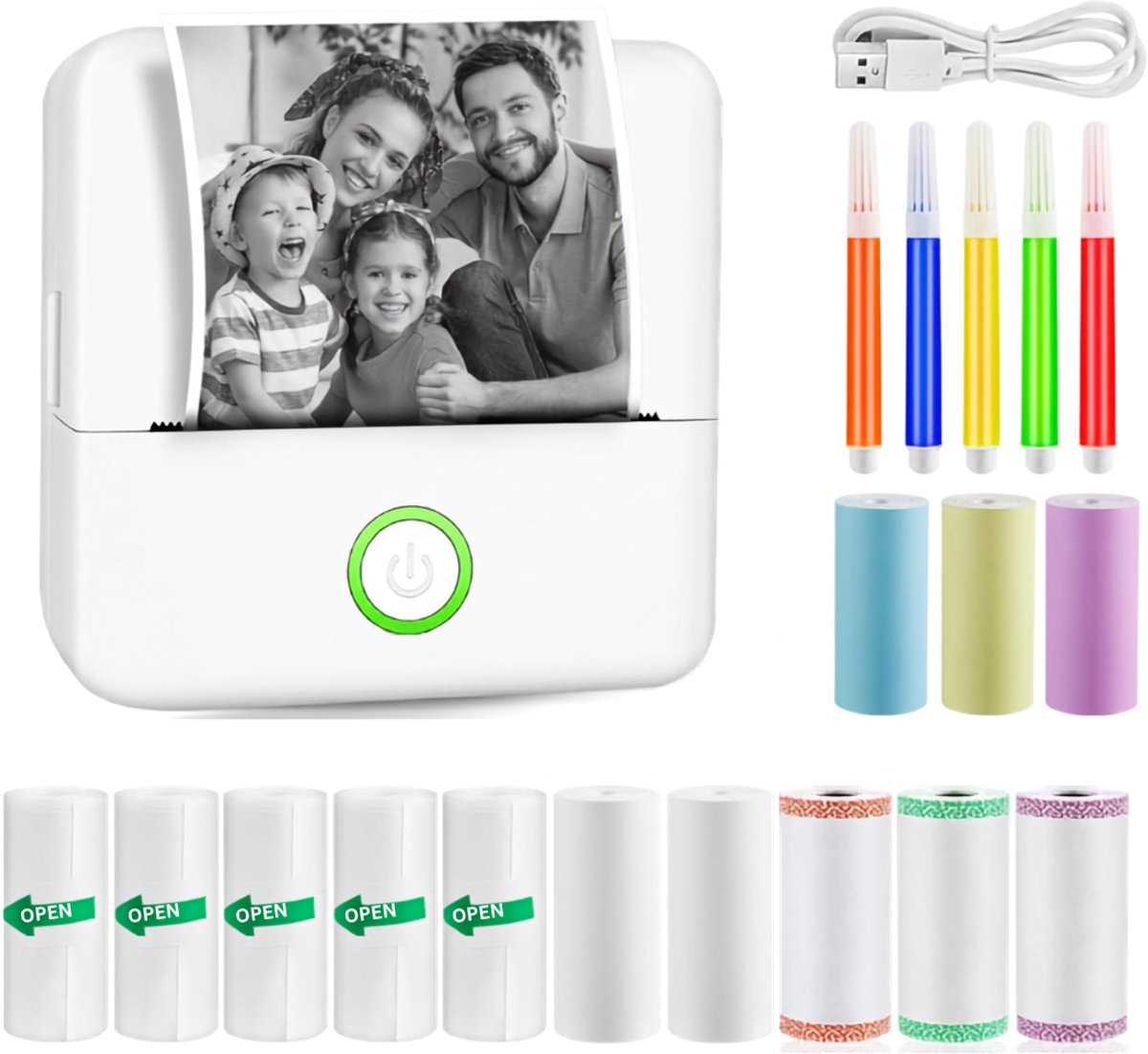 QUOVO® Mini Printer – Inclusief Thermisch/Zelfklevend/Etiket-Papier, USB-kabel, Aquarelpen, Transparant Sticke – Foto Printer Draadloos – Mobiele Fotoprinter - Wit