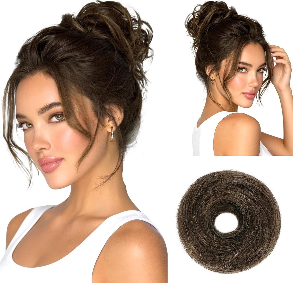 Rommelige Knot 100% Menselijk Haar Haarstukje - Lichtgewicht Krullend Golvend Chignon Haaraccessoire voor Vrouwen, Bruin Gemengd en Perfect voor Feestjes en Casual Look