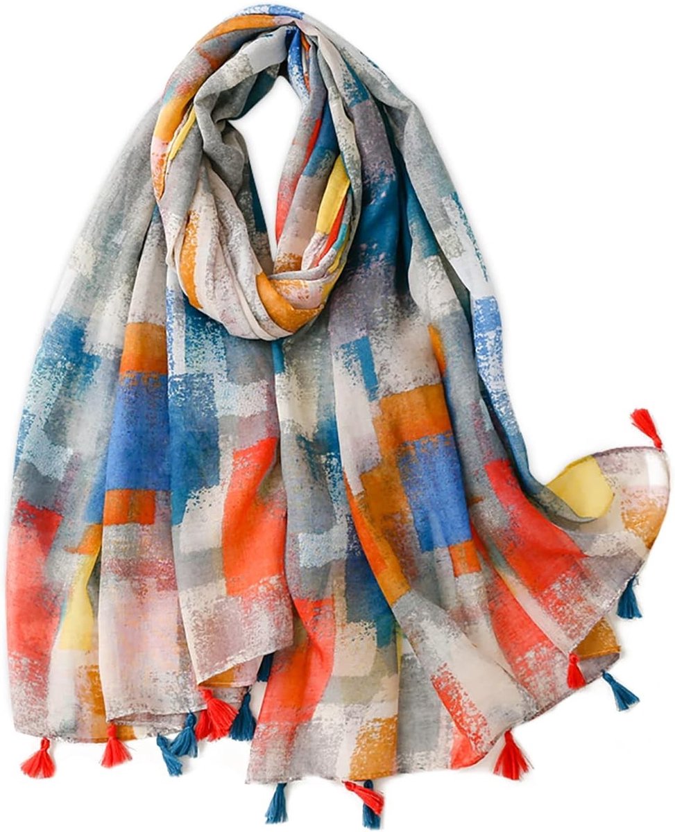 Lichte en zachte voile sjaal voor dames met bloemenprint en geometrische patronen, ideaal voor elke gelegenheid, multicolor en one size