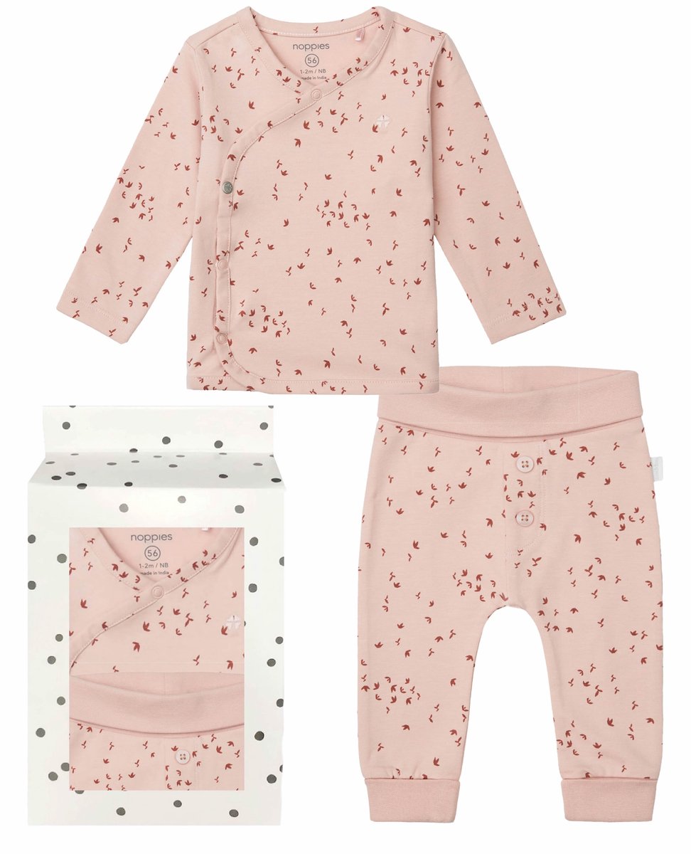 Noppies - Cadeausetje - Cadeaudoosje met Kledingset - Kraamcadeau - Babyshower - 2delig - Broek Nicea - Overslag Shirt Nantes - Rose Smoke - Maat 62
