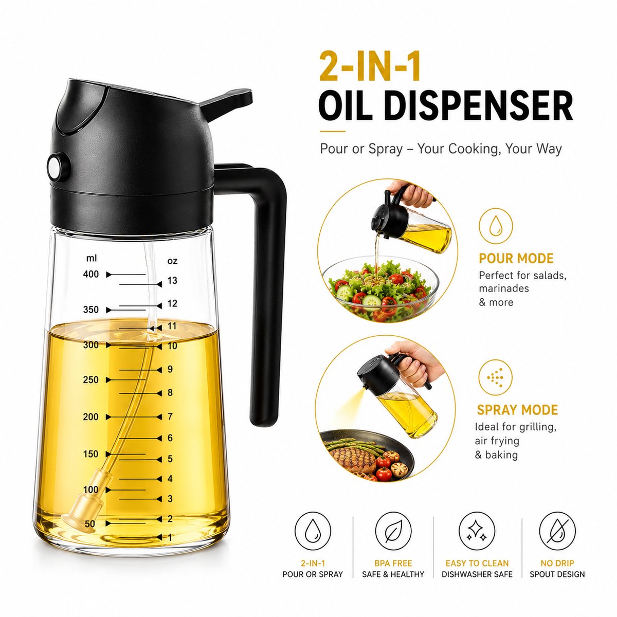 MONTKIARA 2-in-1 Olie Sprayer & Dispenser – 470 ml / 16 oz – Olijfolie Sprayfles – Olieverstuiver voor Airfryer, Koken, Salade, BBQ & Grill – Zwart