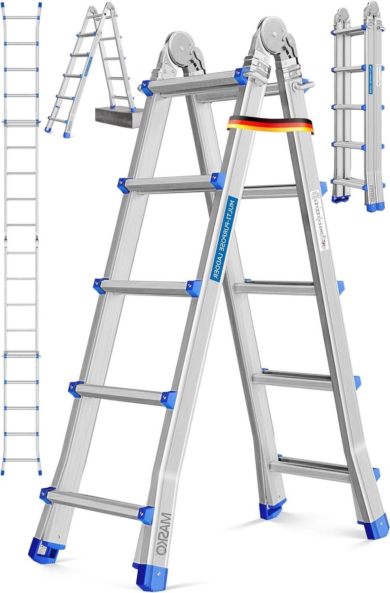 Aluminium Ladder - Telescopische Steiger - Werk op hoogte - 3-in-1 multifunctioneel - 5.1 meter - Aluminiumkleur