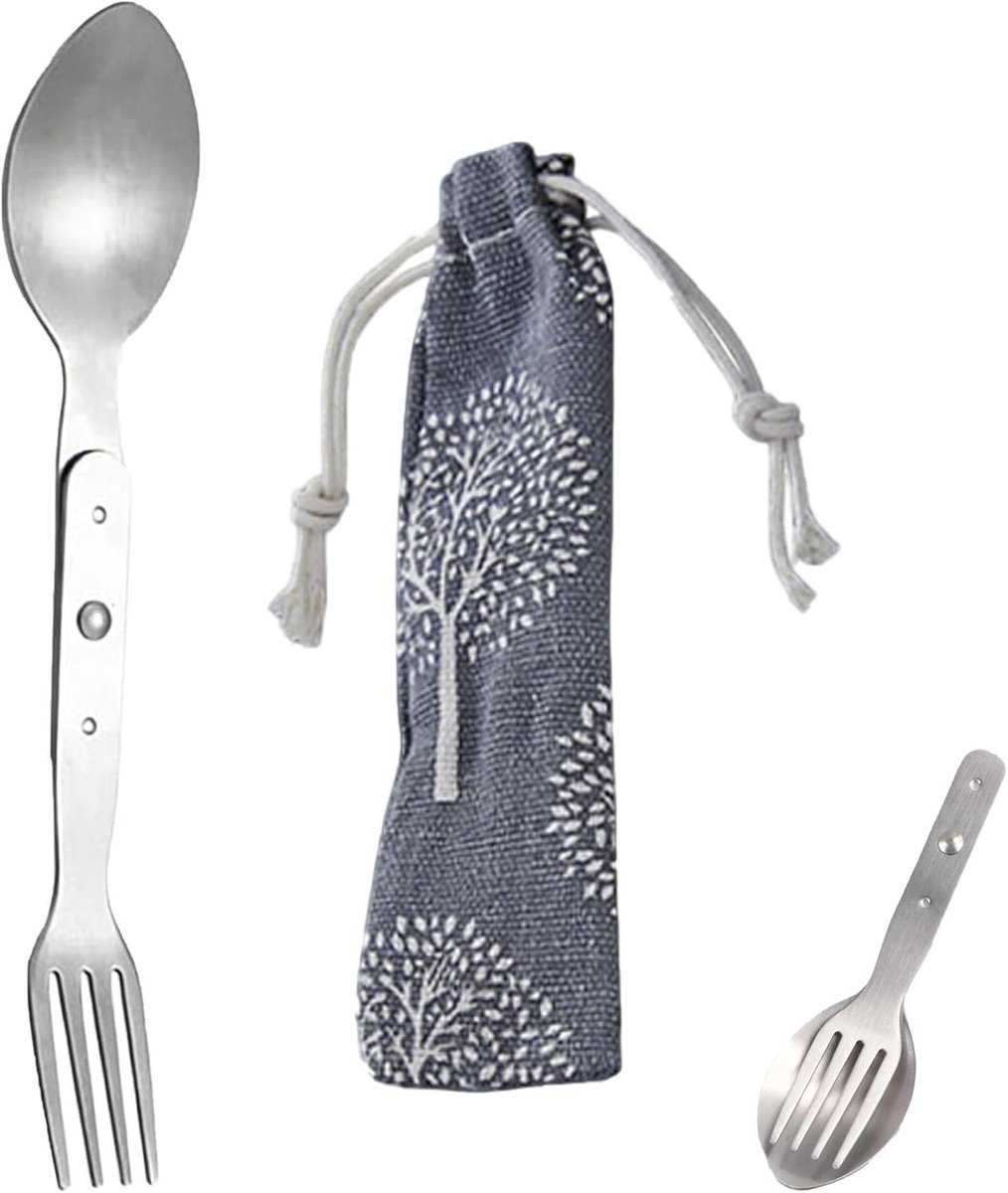 2-in-1 Camping Bestek Set, Roestvrijstalen Spork met Tas, Duurzaam en Lichtgewicht Voor Hiking en Outdoor Activiteiten