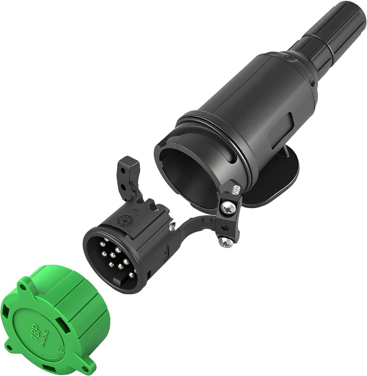 Premium 13-polige aanhangwagenstekker met schroefcontact volgens ISO 11446 voor 12V aanhangers, inclusief beschermkap en duurzame kwaliteit