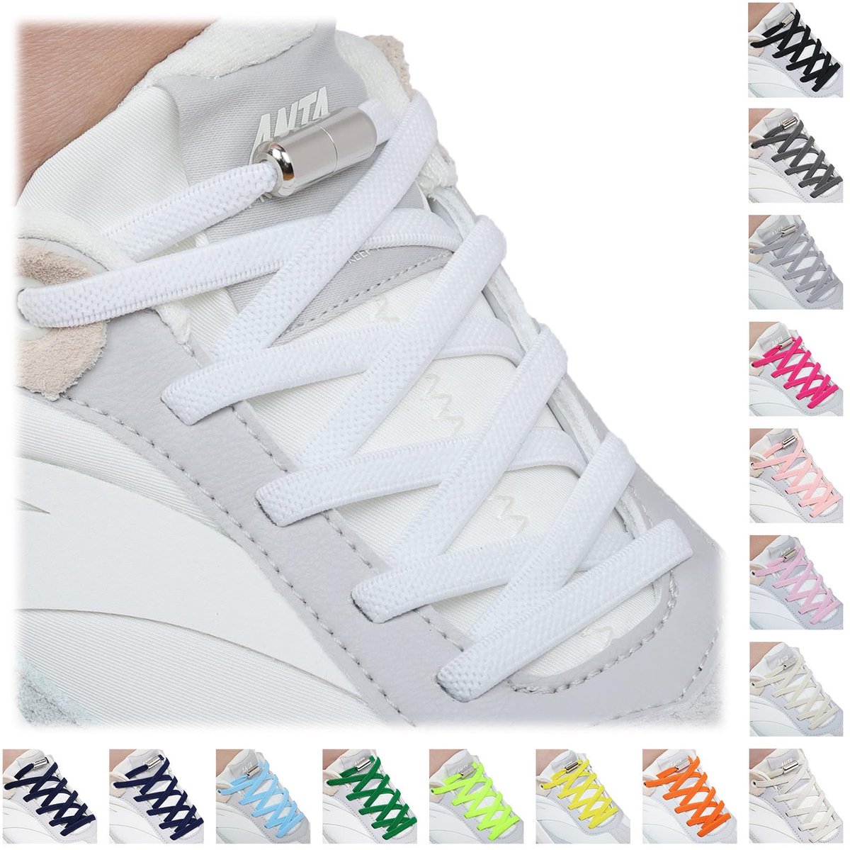 Handshop 2 paar elastische schoenveters, No Tie veters met metalen sluiting voor sportschoenen, loopschoenen - ShopVlot
