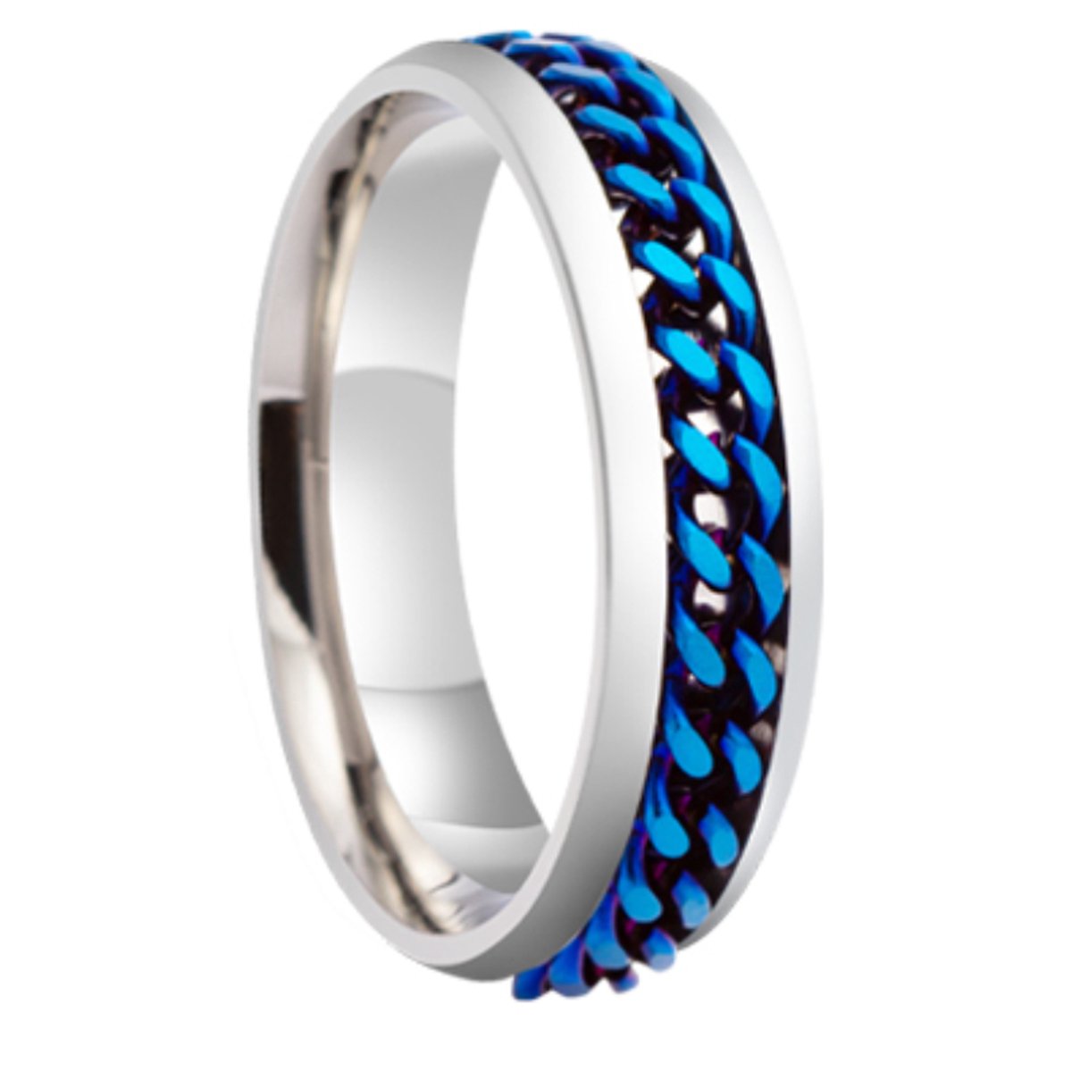 Plux Fashion Ketting Ring - Zilver/blauw - maat 60 - 1,9cm - Stainless Steel - Dames - Heren - Sieraden - Blauwe Ringen – Chain Ring - Sieraden Cadeau - Luxe Style - Duurzame Kwaliteit - Kerst - Black Friday