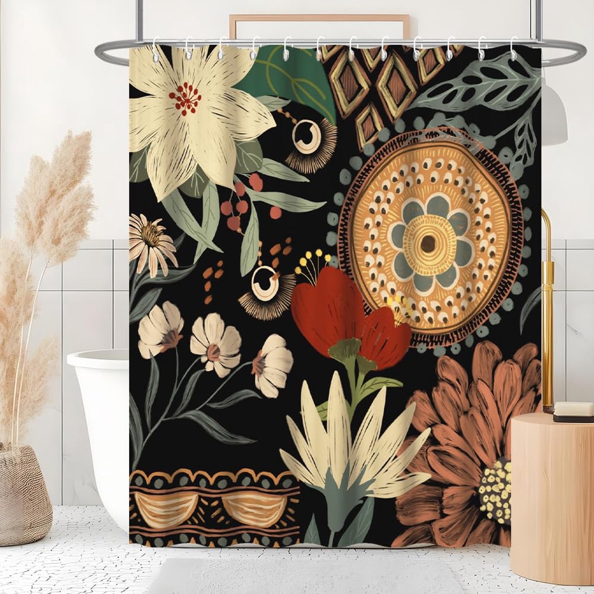 Douchegordijn 180 x 240 cm - boho bloemen - vintage ontwerp - waterdicht en anti-schimmel - ShopVlot