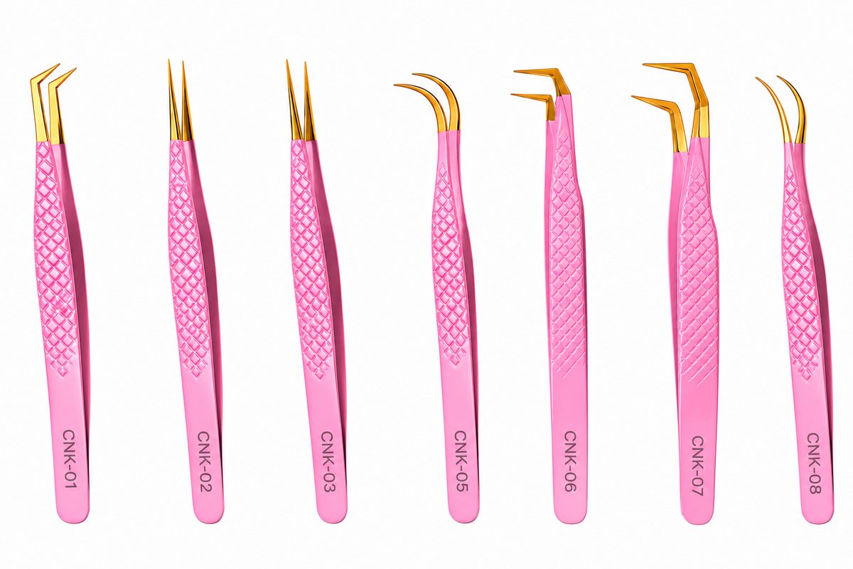 Wimper Pincetten Set 7-Delig – Professionele Lash Pincetten – One by One, Hybrid, Volume & Russian Volume – Roze/Goud