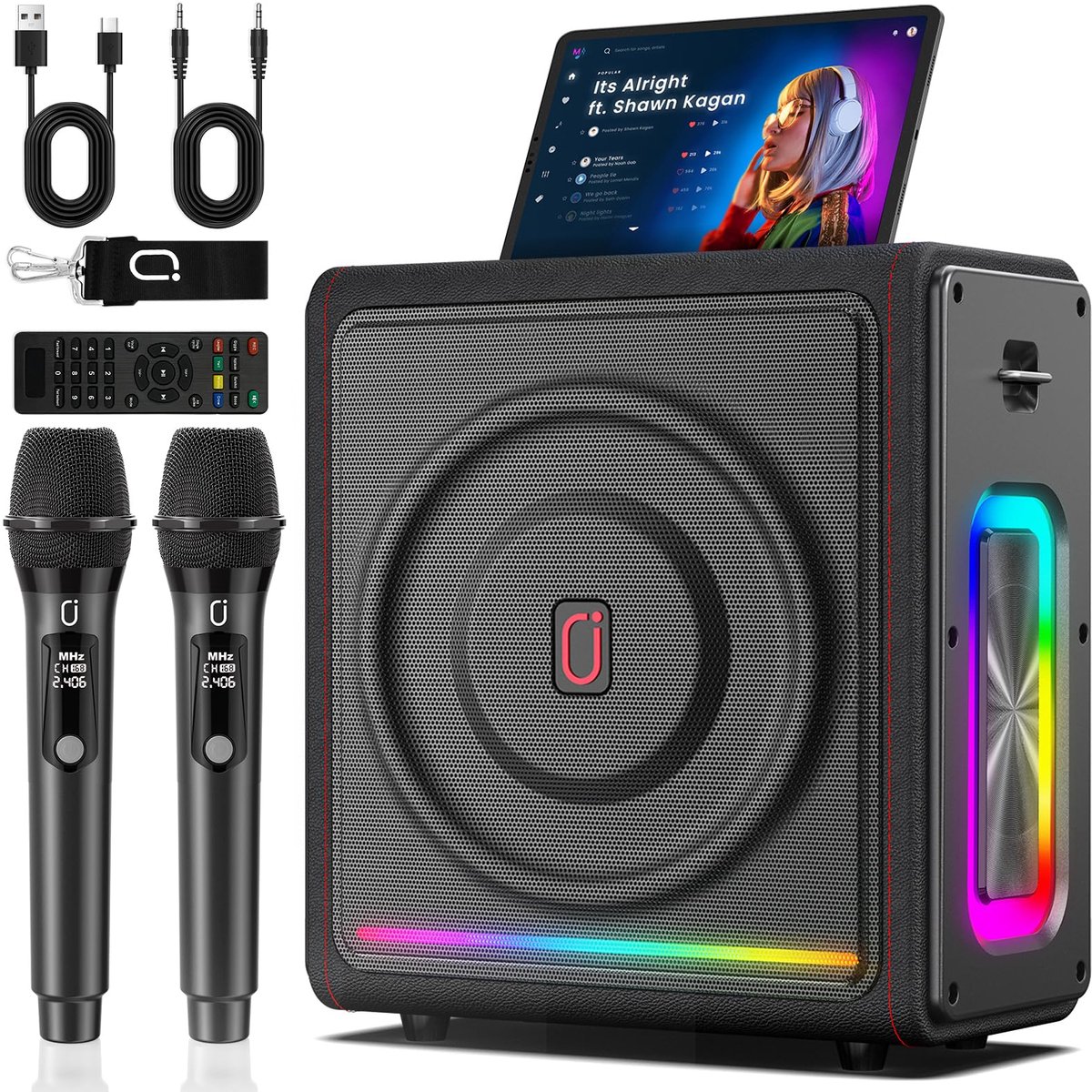 Karaoke-machine met 2 draadloze microfoons - 300 W vermogen - 36 uur batterijduur - ideaal voor feesten - ShopVlot