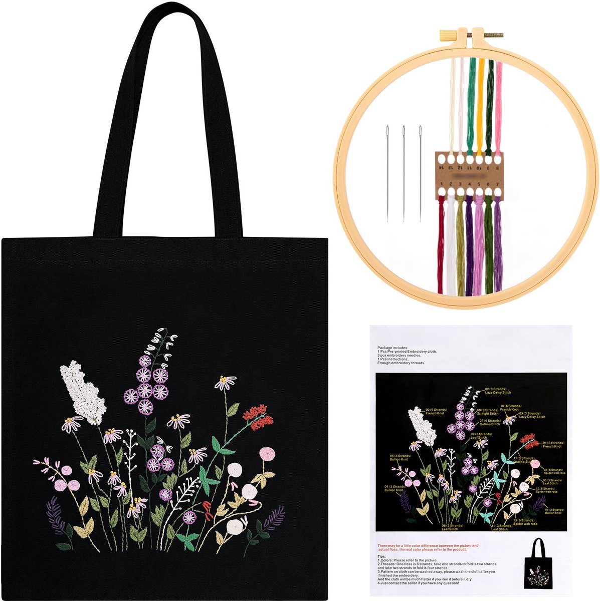 Canvas Tote Bag Borduurset voor Beginners - Zwart - Met Bloemenpatroon - Creatieve handwerkset - ShopVlot