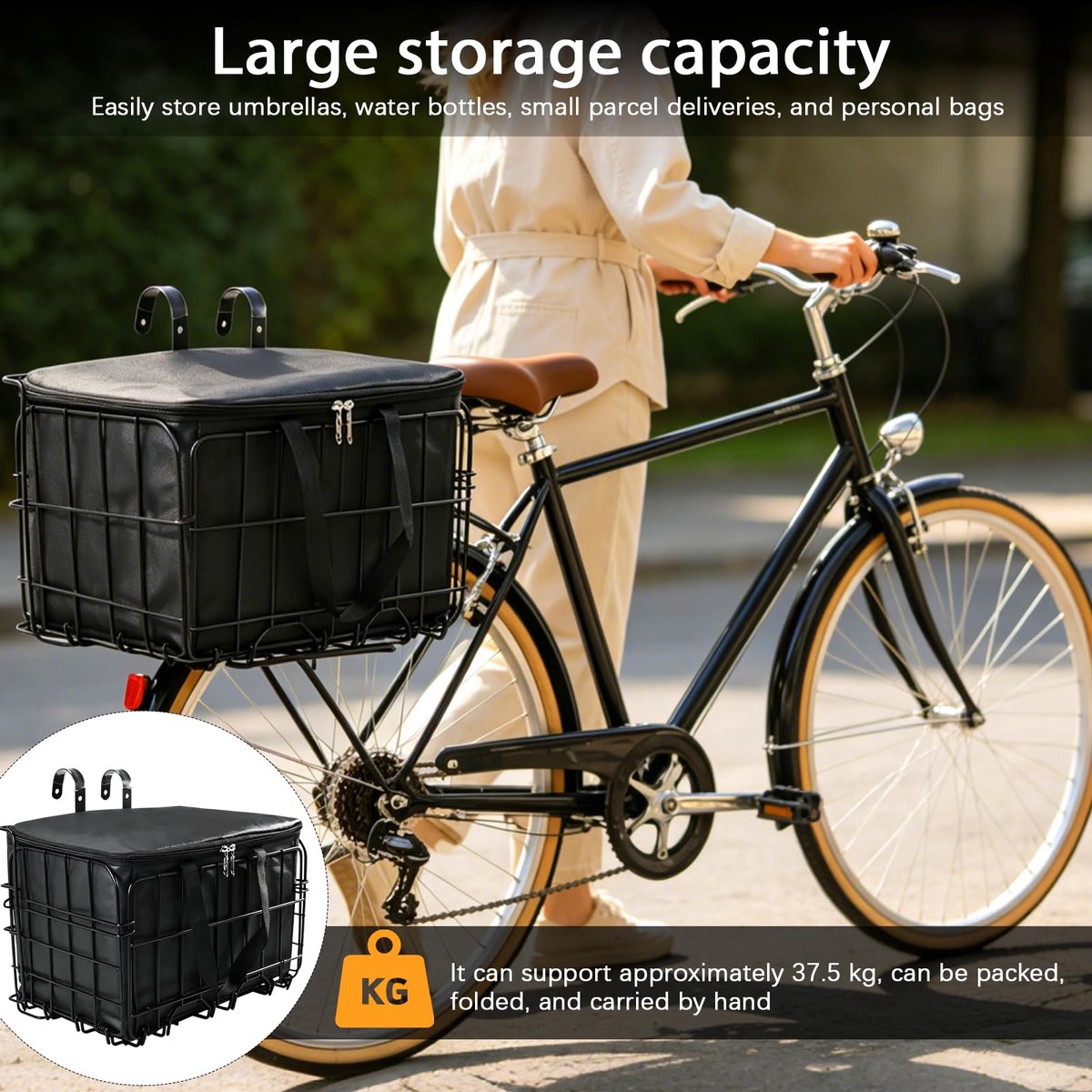 Fietsmand, 33,5 x 20 x 22 cm, inklapbare voorwielmand met uitneembare binnenzak en een draagkracht van 37,5 kg, voor - ShopVlot