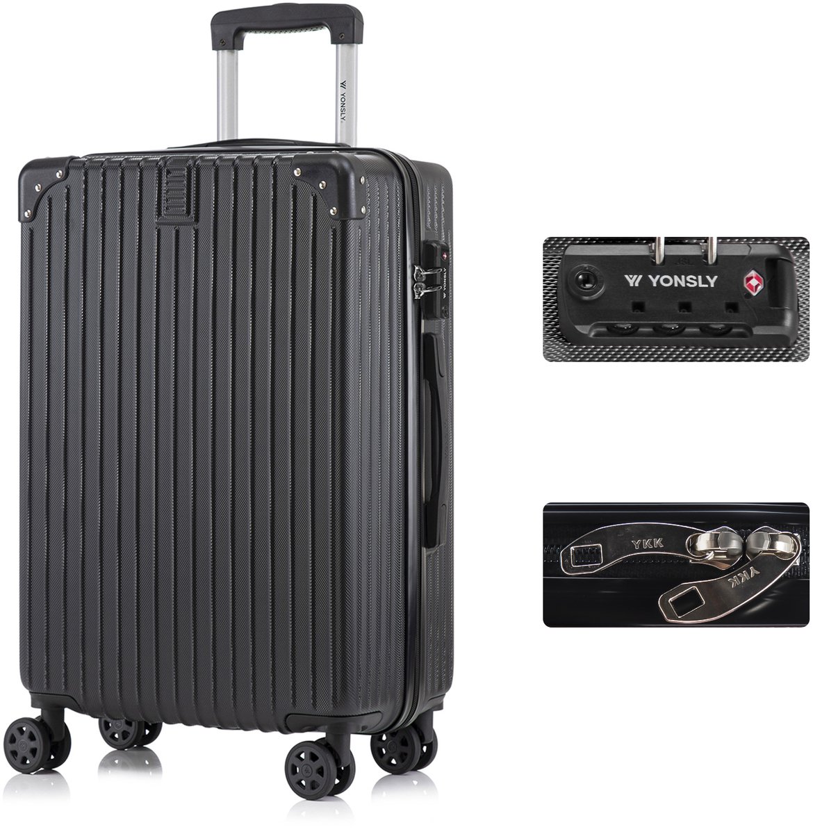 YONSLY Handbagage Koffer - 66cm - 66 L - TSA Slot - 360° Draaibare Wielen - Trolley - Zwart