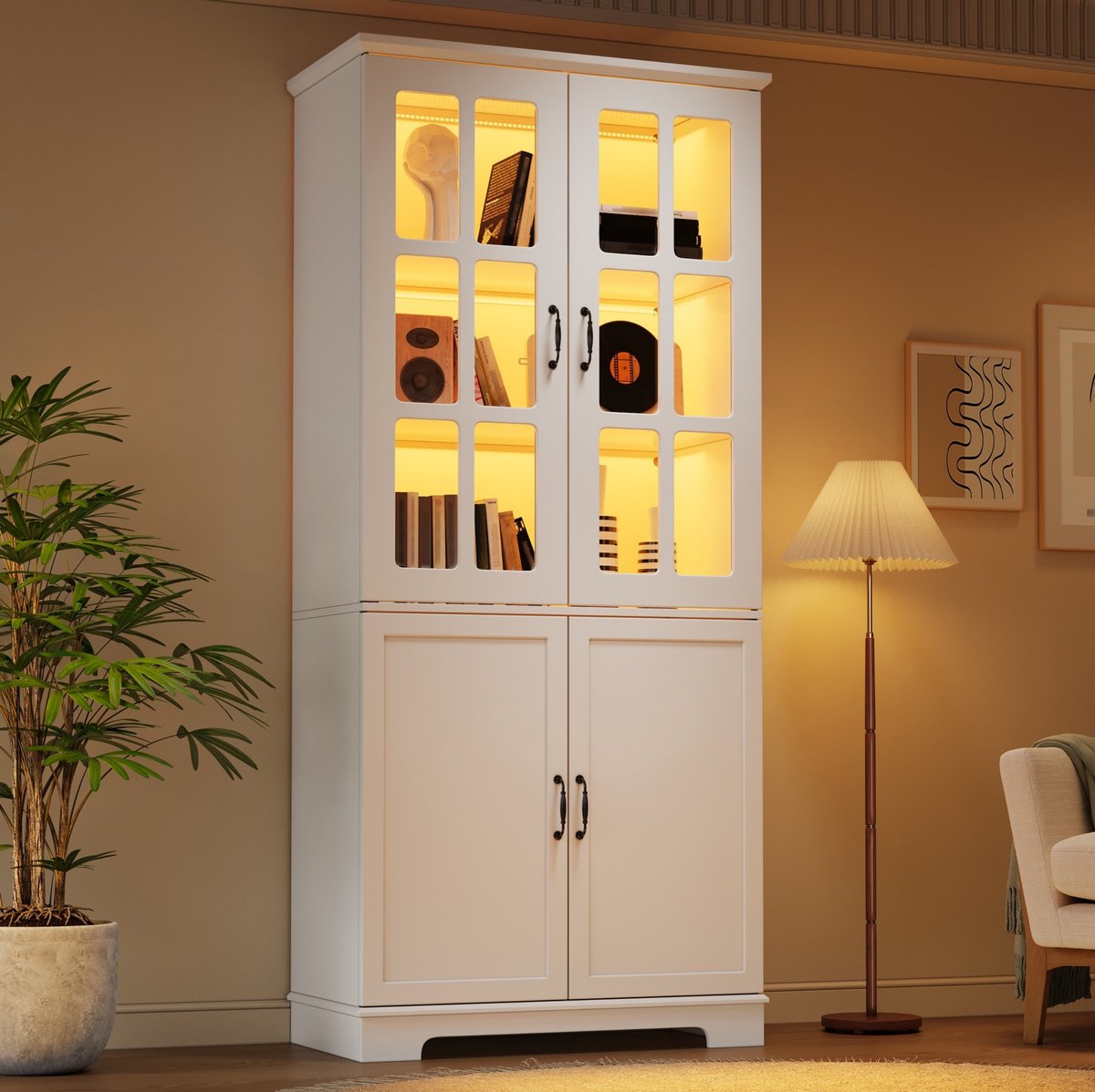 Wishdor Vitrinekast - Hoge kast met glasdeuren - Landelijk design - Witte opbergkast met 5 planken en metalen grepen - Voor woonkamer en eetkamer - 80 x 38 x 180 cm