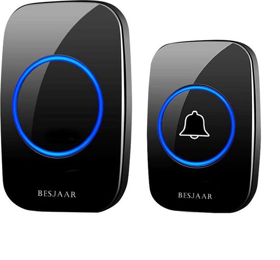 Zwarte draadloze deurbel set met blauwe LED-verlichting.