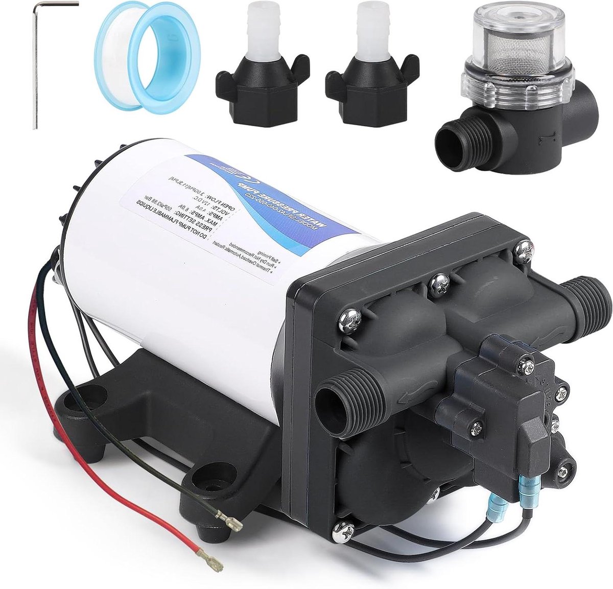 Waterpomp 12V - Diaphragm pomp - Camper en boot - Automatische drukregeling - 11.3 L/Min - Zwart