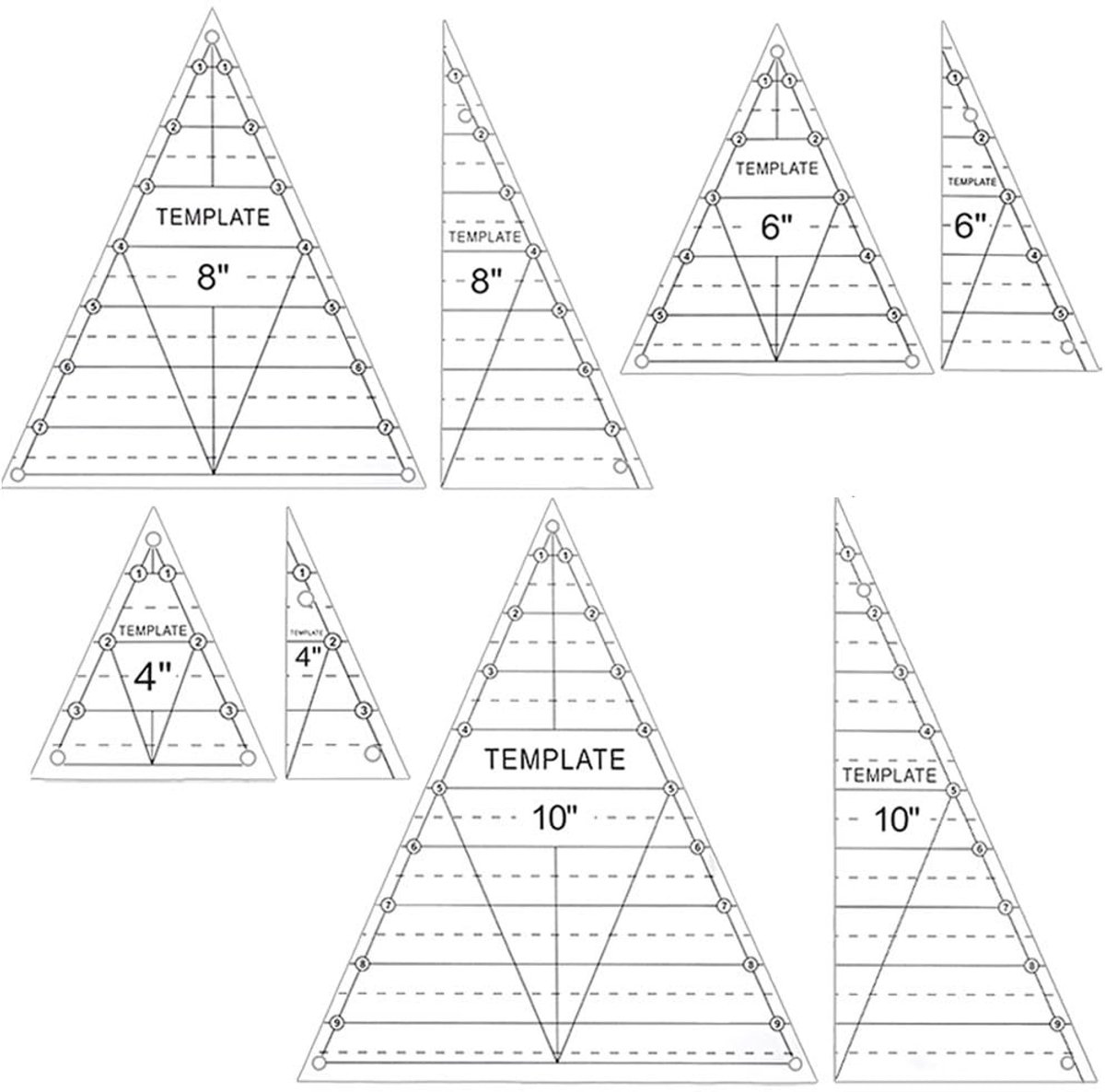 8 Stuks Hoge Driehoek Quilting Linialen van Acryl - 4/6/8/10 Inch, Duidelijke Sjablonen voor Naaien en DIY Creaties, Perfect voor Quilten en Thuisdecoratie