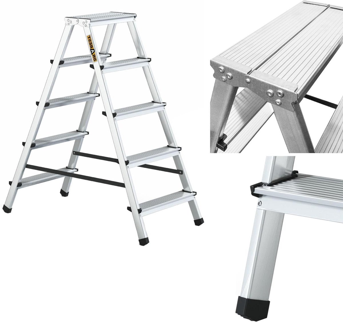Huishoudladder Dubbelzijdig - Aluminium Trapladder - Klusjes Binnen Huis - Met Werkplatform - 5 Treden - Zilver