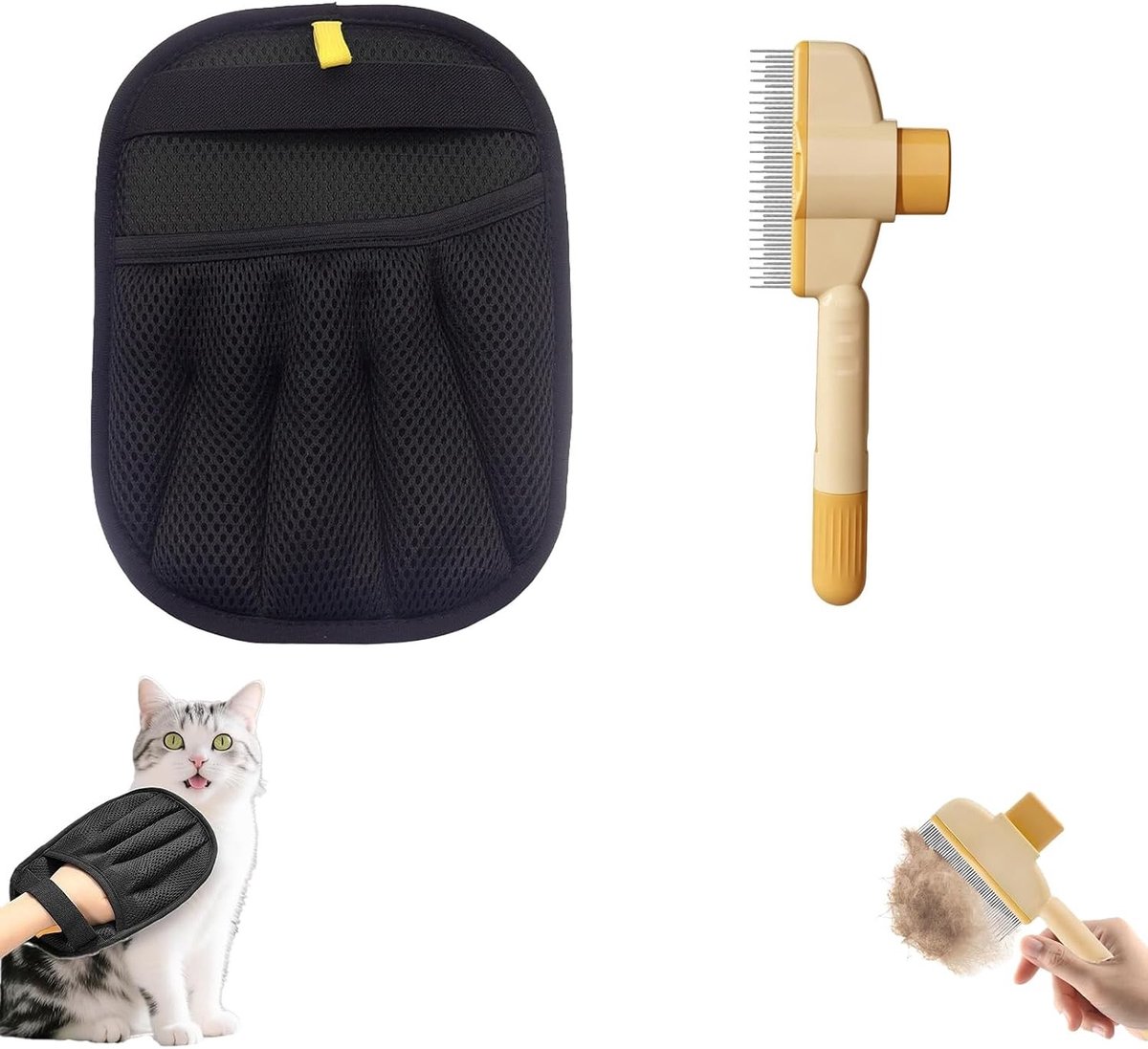 Complete Dierenverzorgingsset met 5-Vinger Borstelhandschoen en Zelfreinigende Slicker Borstel, Herbruikbare Haarverwijderhandschoen voor Honden, Katten en Konijnen, Ideaal voor Meubels en Kleding