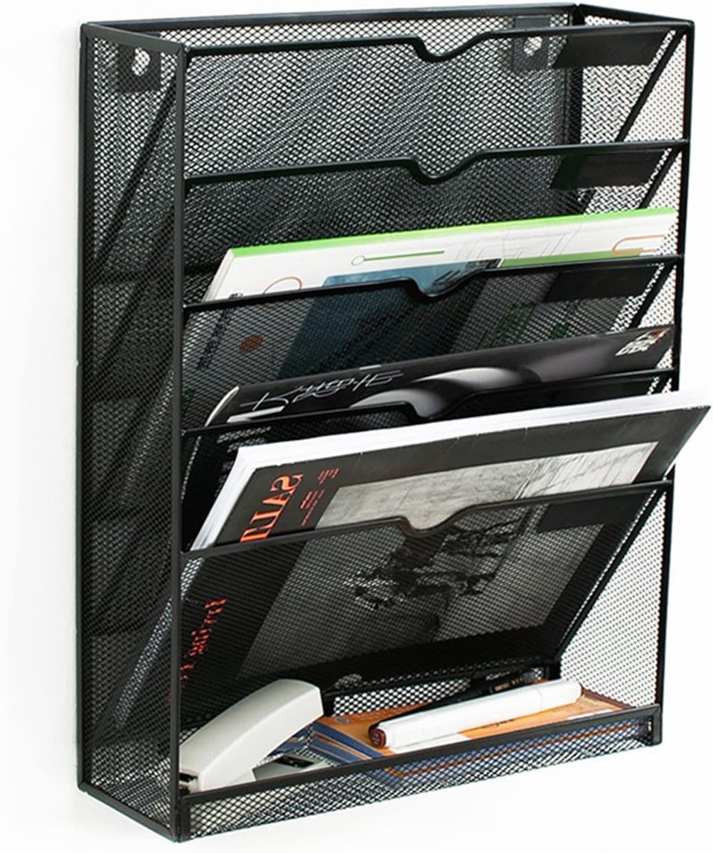 Vijflaags Metaal Tijdschrift Houder met Plakhaak, Document Organizer voor A4, Kranten en Brochures, Ideaal voor Bureaugebruik