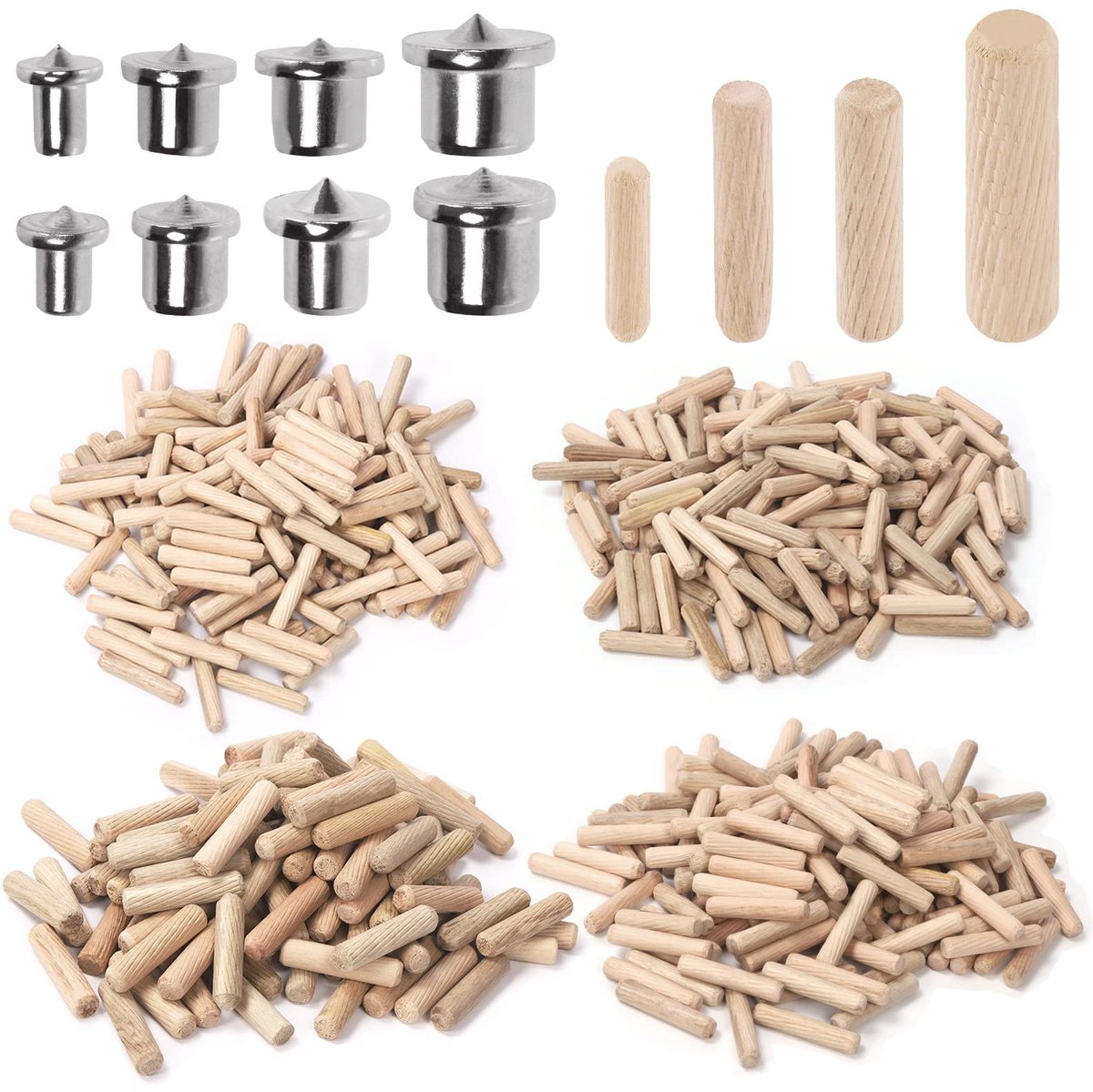 Houten deuvelpinnen 505 stuks - 4 maten 1/4" 5/16" 3/8" 1/2" - rechte gegroefde pinnen - perfect voor meubels - ShopVlot
