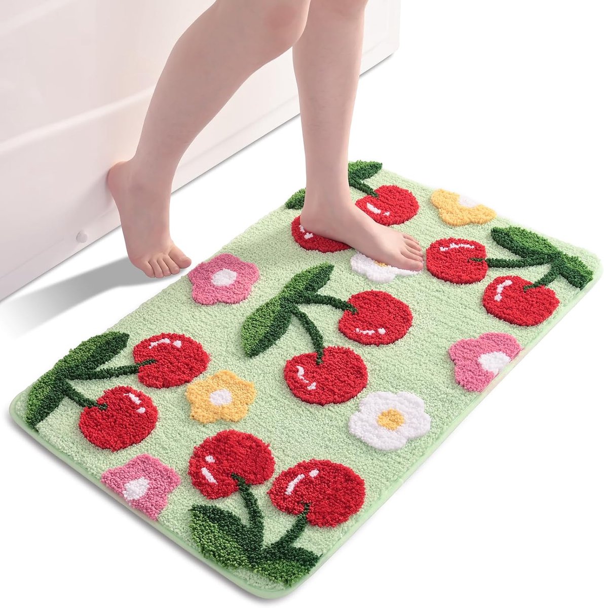 QJHOMO Green Bathroom Rug, Cherry Bath Mat, Non-Slip Washable Colourful Soft Microfiber Shower Mat, Absorbent Bathroom - ShopVlot