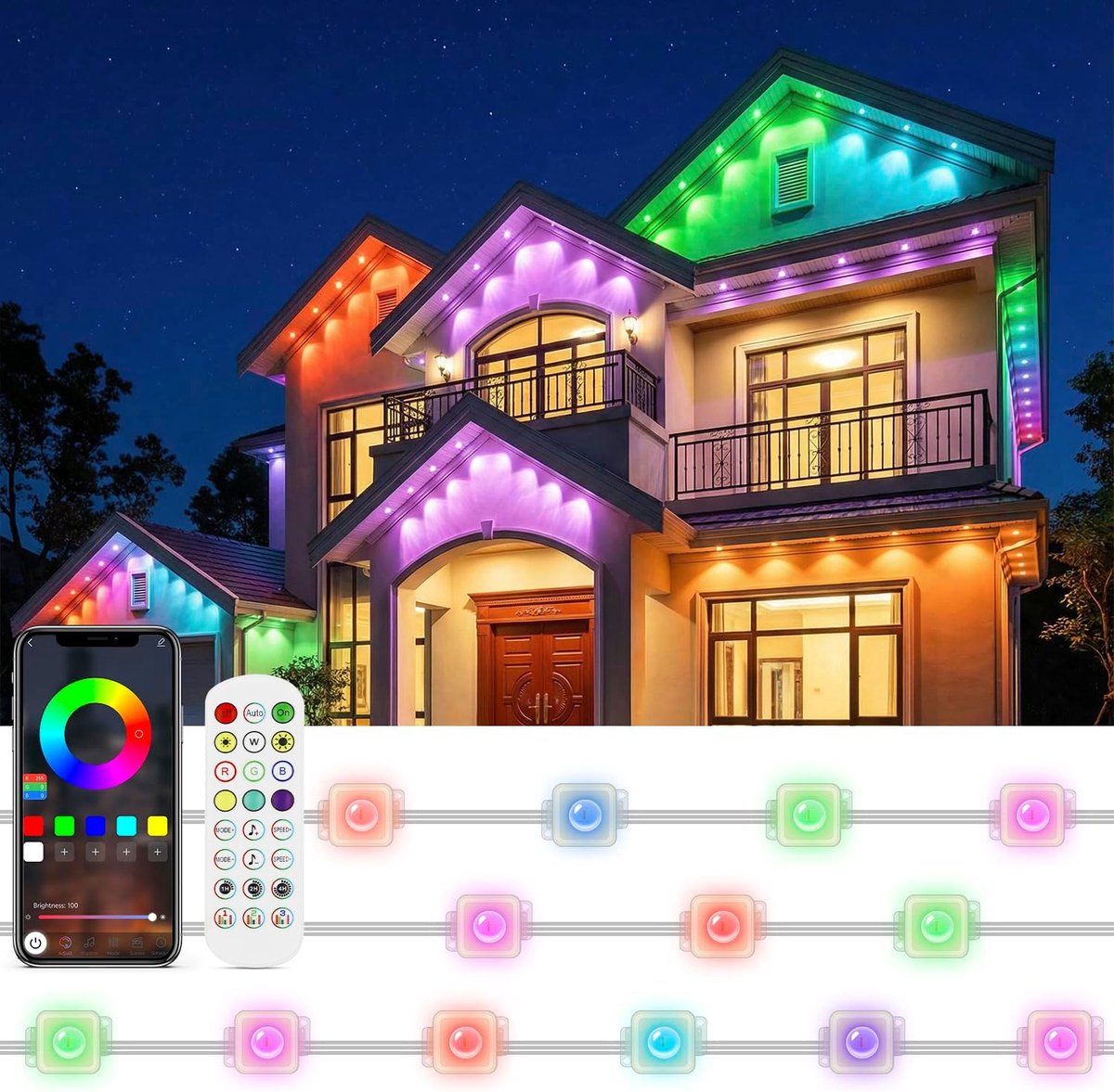 Lam(MS) Pen 15M 30 LED Permanent Outdoor Lighting RGB, IP67 Waterproof Outdoor Lights for Eaves, with Remote Control - ShopVlot