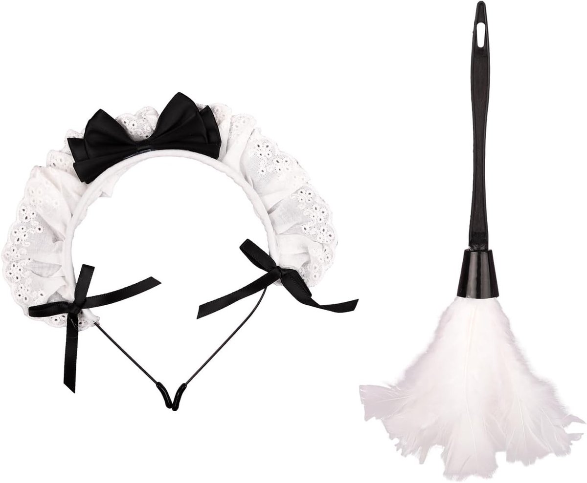 2 Pack Franse Dienstmeisje Accessoire Set met Rimpel Kant Hoofdband en Veer Duster voor Halloween Feestdecoratie en Kostuum, Wit, One Size, Perfect voor Vrouwen en Meisjes
