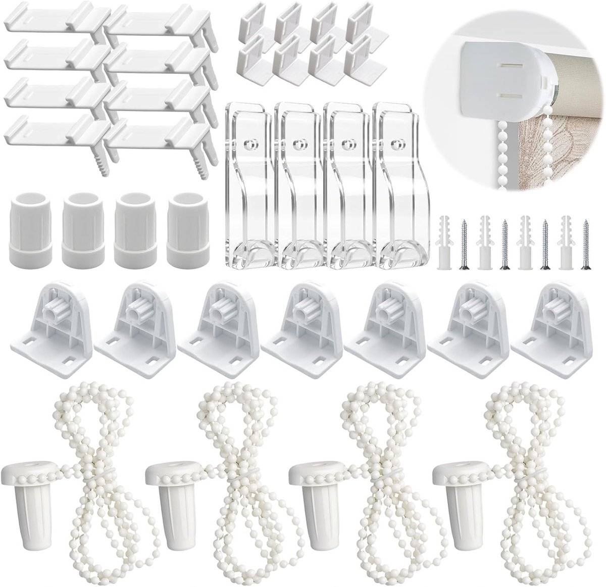 Set van 4 rolgordijnhouders voor ramen - 17 mm klembevestiging - reserveonderdelen en accessoires voor verduisteringsrolgordijn - dubbel rolgordijn - rolgordijn met zijkoord - zonder boren - wit