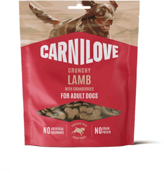 Carnilove zak met krokante lam met cranberrys voor volwassen honden, zonder kunstmatige kleurstoffen of aardappel.