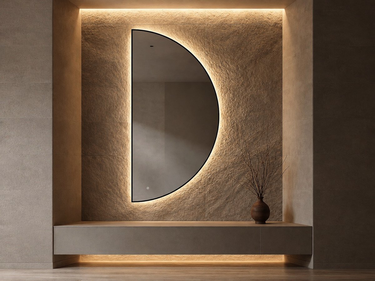 Mawialux Halve Maan LED Spiegel - Geborsteld Zwart - Halfrond Rechts - 90x180cm - Decoratieve Spiegel - Woonkamer Spiegel - Gang Spiegel - Slaapkamer Spiegel - Entree Spiegel - Jazz