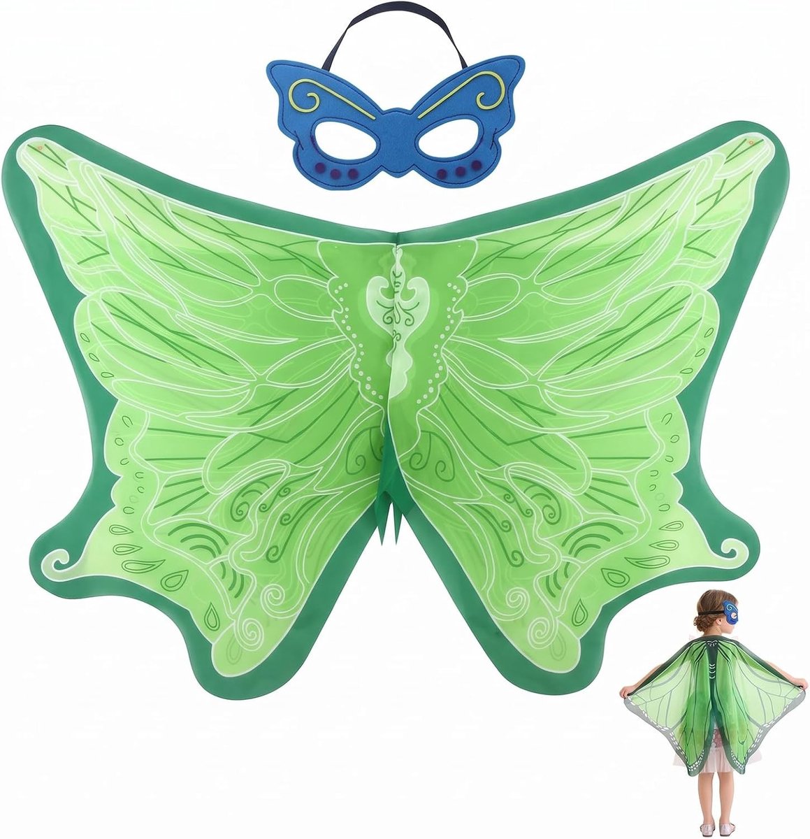 Tweedelige feeënvleugels met masker voor kinderen, groene vlindervleugels voor Halloween, carnaval en verjaardagen, ideaal voor cosplay en fantasie kostuums