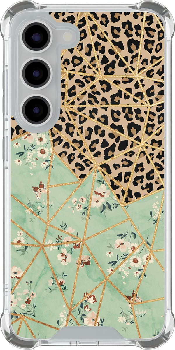 Shockproof hoesje - Geschikt voor Samsung Galaxy S23 - Luipaard bloemen print - Extra sterke case - TPU/polycarbonaat - Print / Illustratie - Multi, Transparant