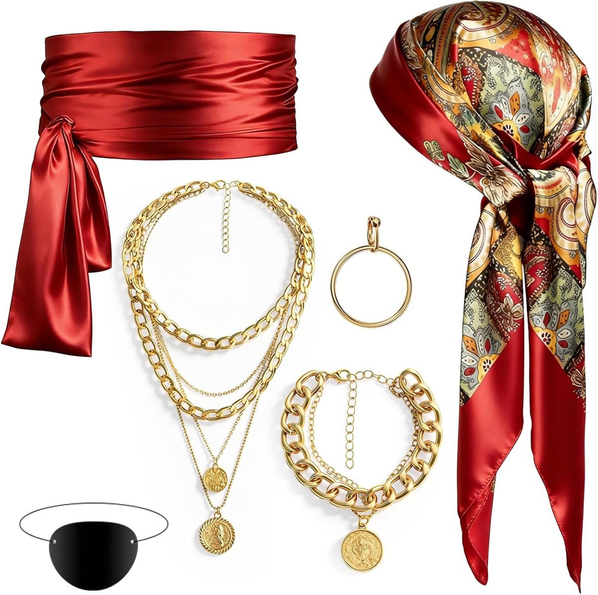 Zesdelige piratenkostuum set voor dames met accessoires zoals hoofddoek, ooglap, oorbellen, ketting en armband, perfect voor Halloween en carnaval