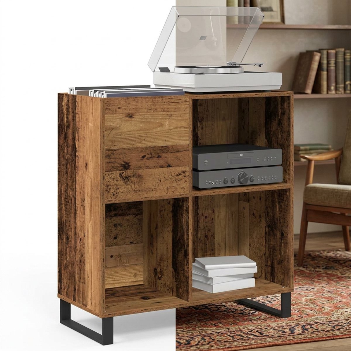 Platenspelermeubel - LP-kast - Platenspelerkast - Draaitafelstandaard - Platenspelerstandaard - Vintage Displayplank - Artisanaal eiken
